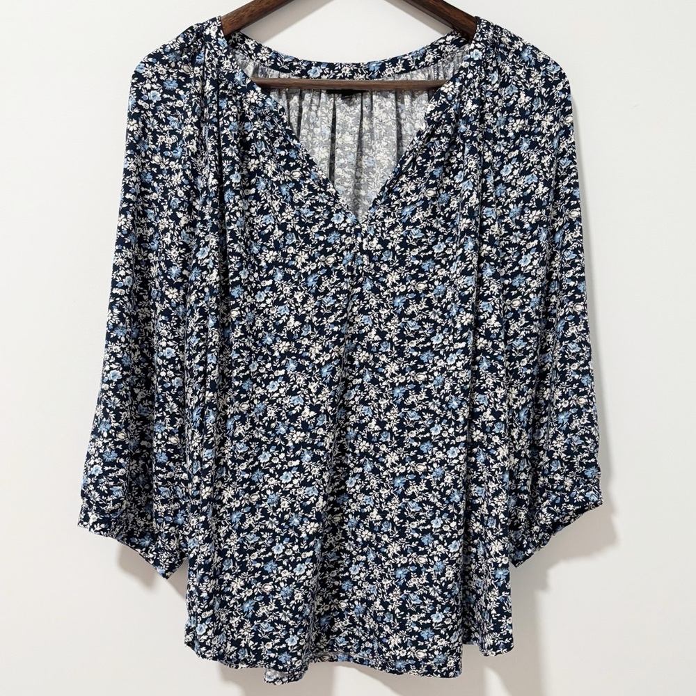 Jones & Co Jones New York Floral Popover‎ Blouse Womens Size 1X Navy and White